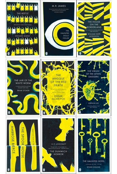 six books with yellow and black designs on the covers, all in different sizes or shapes