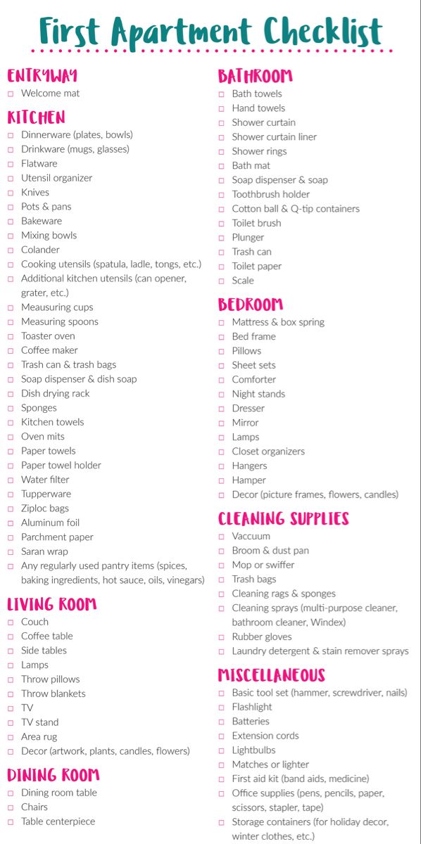 the first apartment checklist is shown in pink and green, with words above it