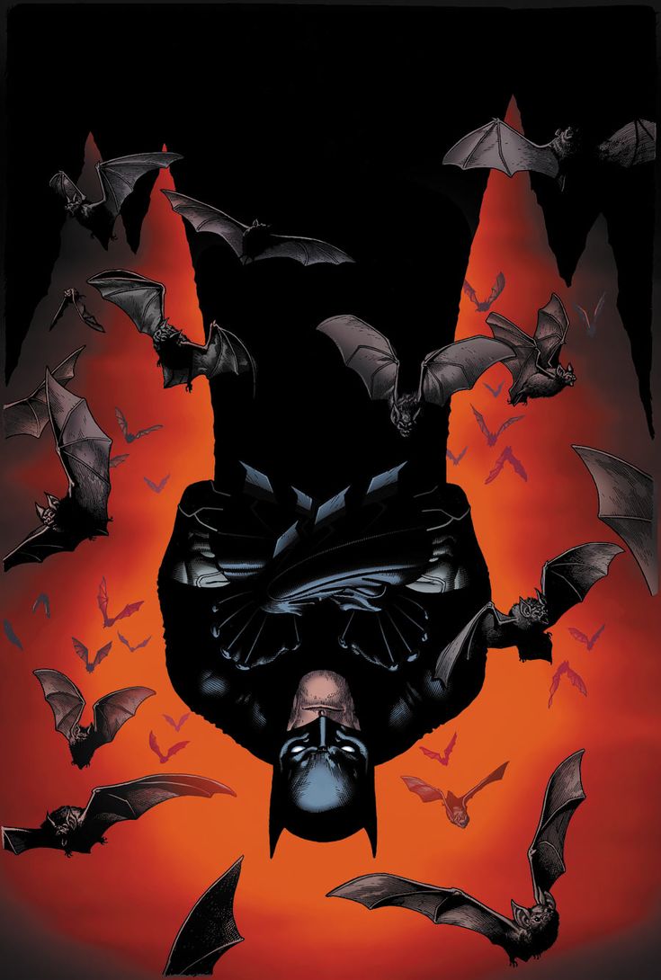 the cover to batman detective comics, featuring bats flying over him and on his head