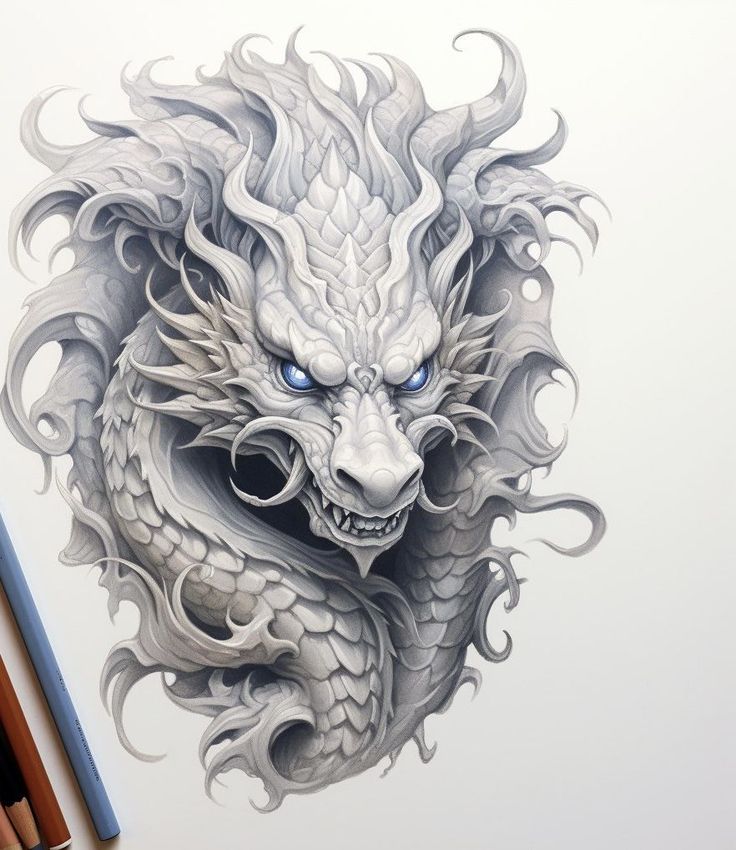 a drawing of a dragon with blue eyes