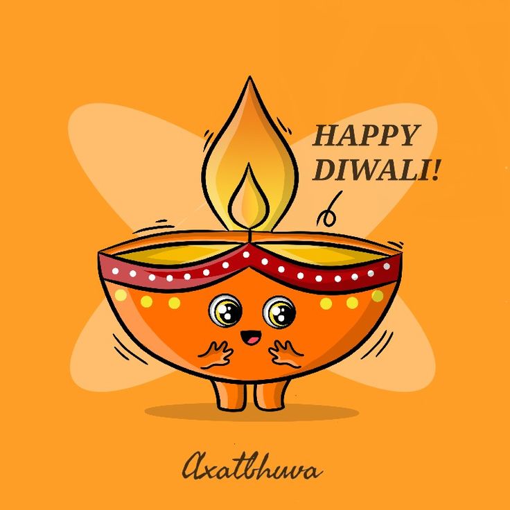 a happy diwali greeting card with a cartoon character holding a lit candle in the shape of a cat