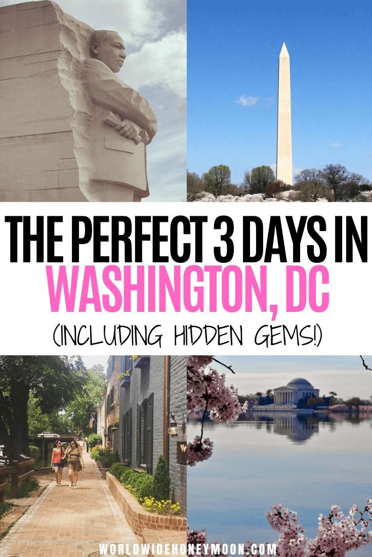 the washington, dc skyline with text overlay that reads the perfect 3 days in washington, dc including hidden gems