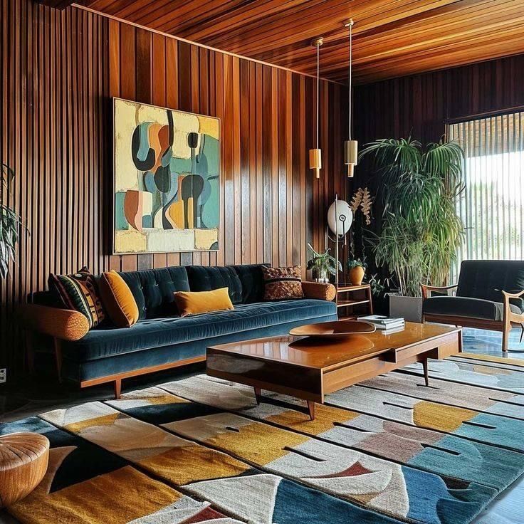 a living room with wood paneling and colorful rugs on the floor in front of it