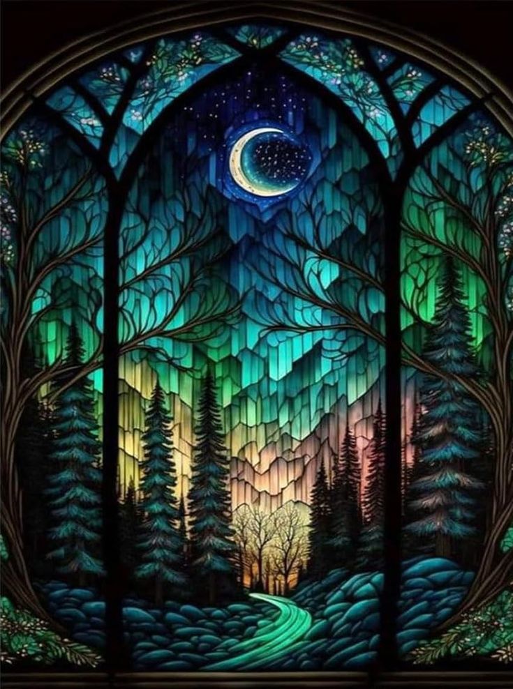 a stained glass window with trees and a moon in the night sky over a forest