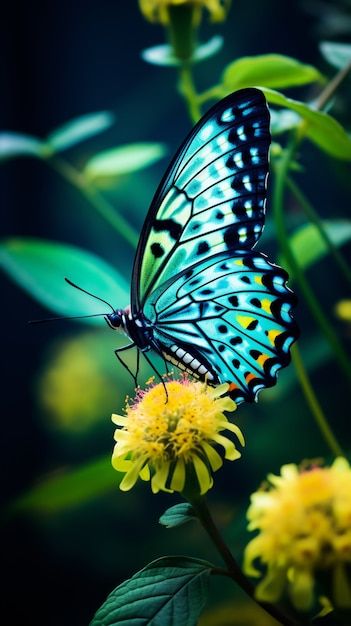 a blue butterfly sitting on top of a yellow flower