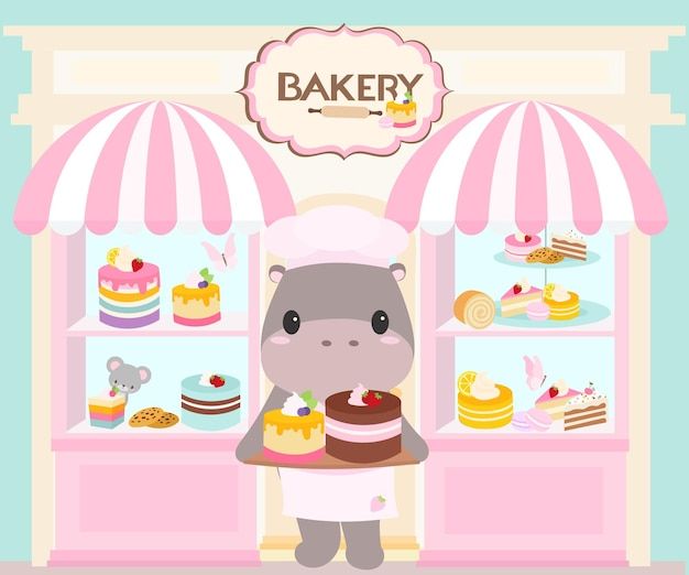 an animal holding a cake in front of a bakery