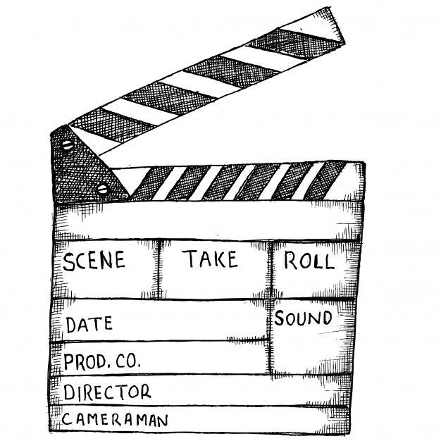 a drawing of a movie clapper with the words scene take roll sound written on it