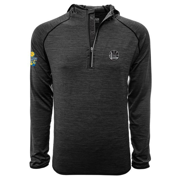 the front of a dark gray pullover sweatshirt with an embroidered patch on the chest