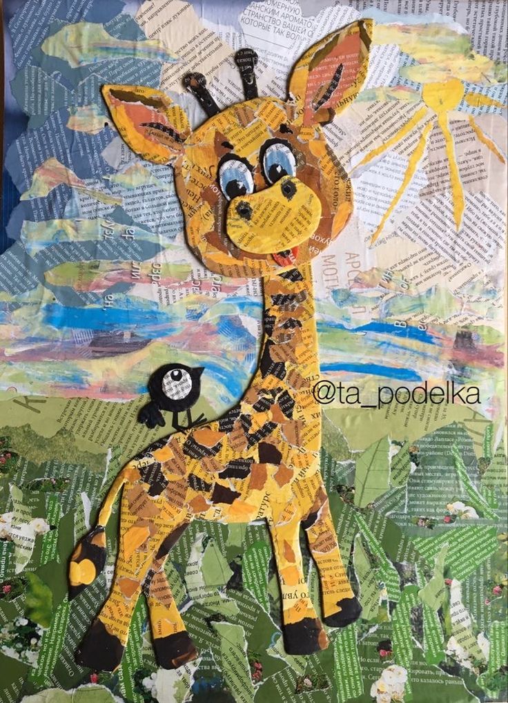 a paper collage of a giraffe and a bird on it's neck