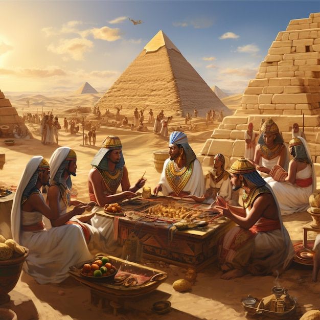 an image of egyptian people playing board games in the desert with pyramids behind them