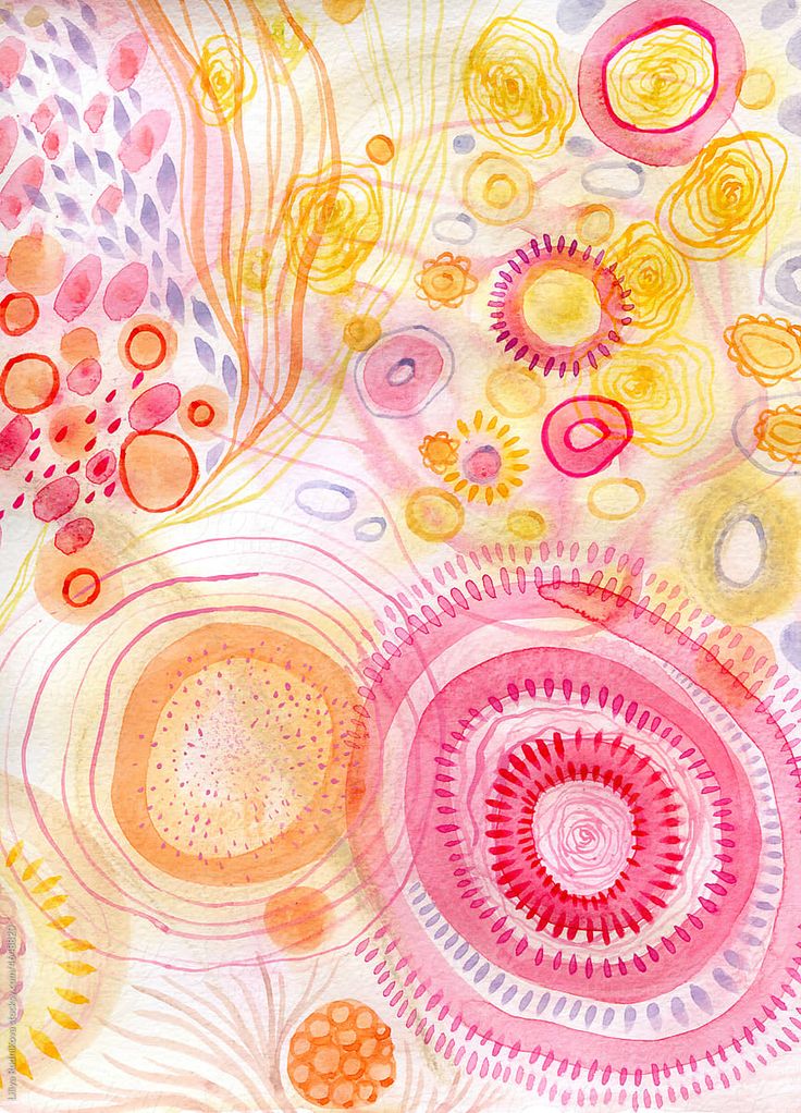 an abstract painting with circles and flowers in pink, orange, yellow and white colors