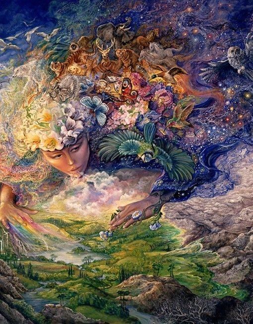 a painting of a woman with birds flying over her head and clouds in the sky