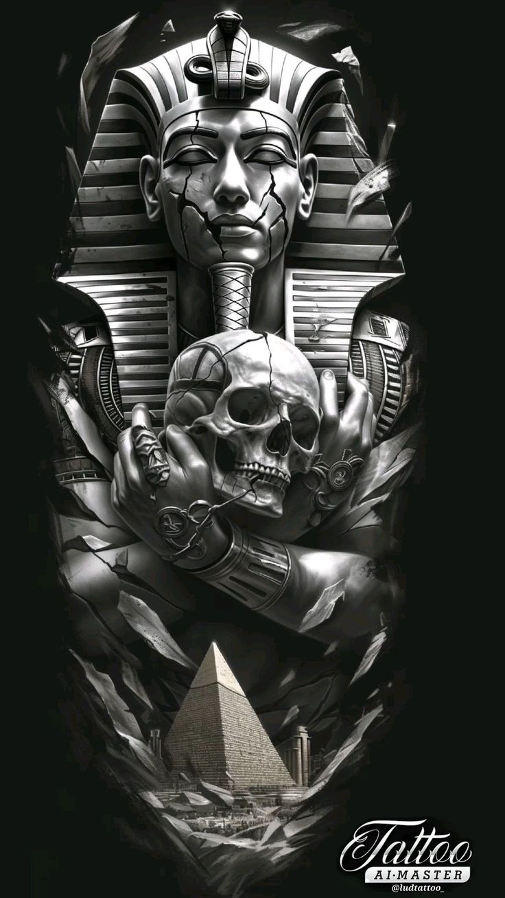 an egyptian tattoo design with the image of pharaoh and skull on it's chest