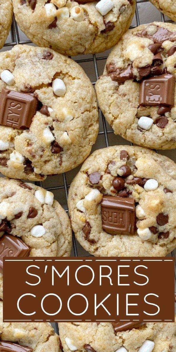 chocolate chip cookies with marshmallows on top and the words smores cookies above them