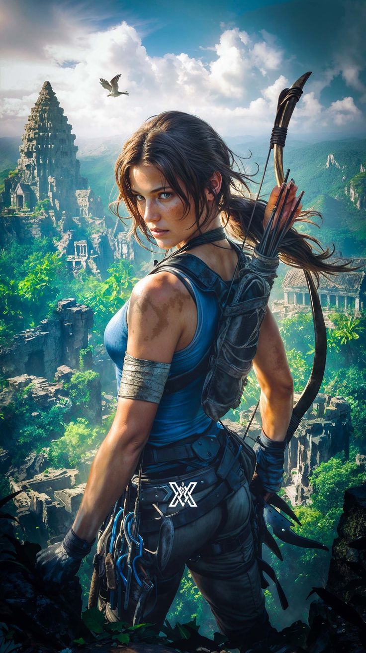 an image of a woman holding a bow and arrow in front of a jungle background