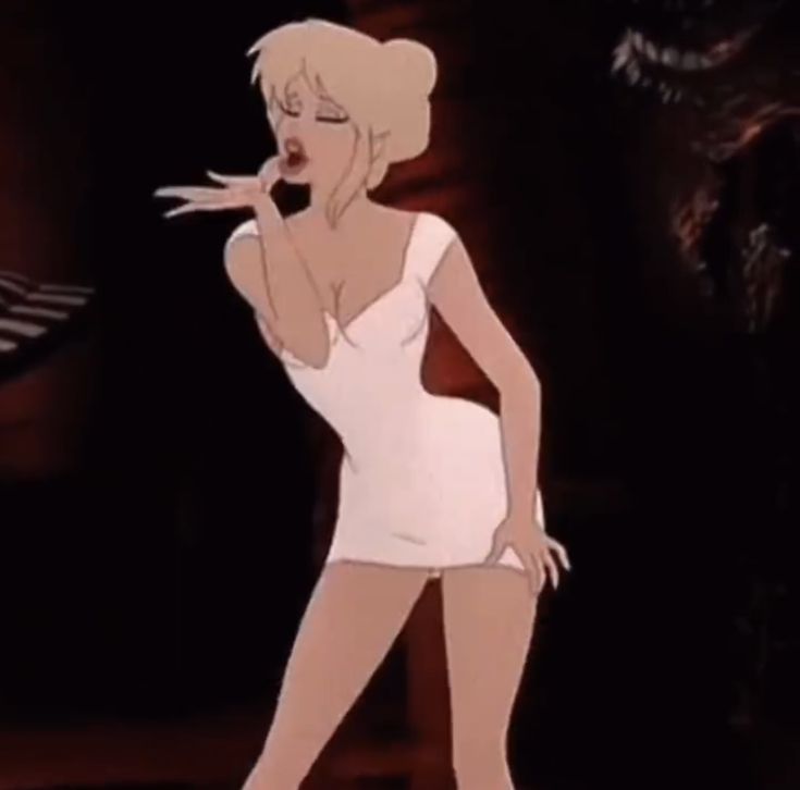 an animated image of a woman in a white dress with her hand on her mouth