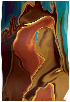 an abstract painting of a woman's torso in brown, orange and blue colors