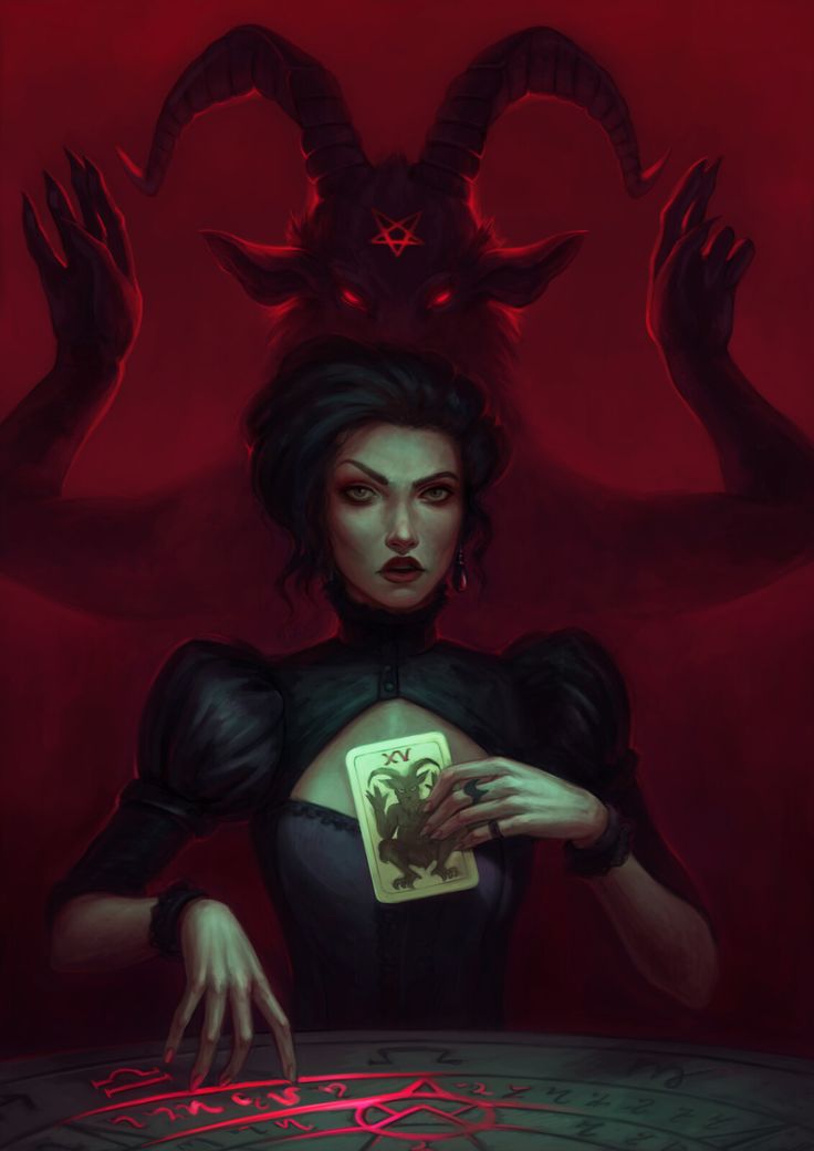 a painting of a woman holding a tarot card in front of a demon like head