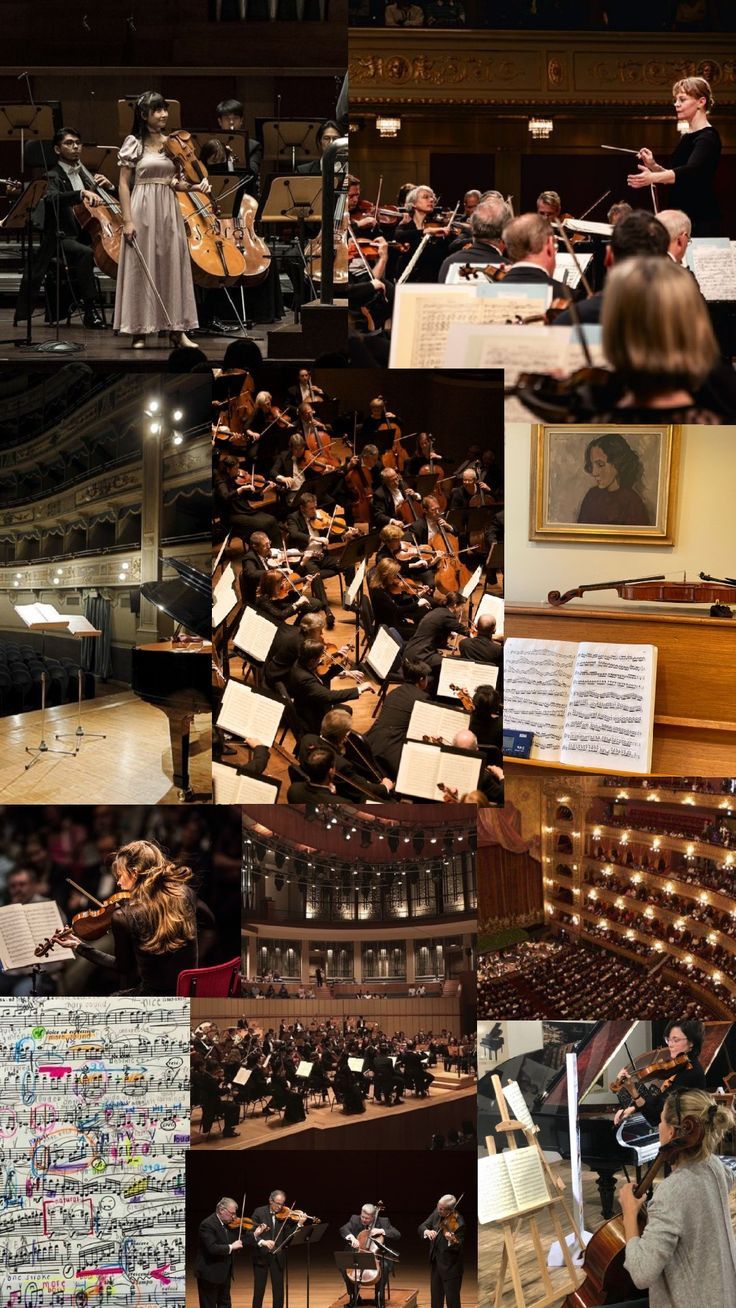 a collage of musical instruments and people in concert hall with music sheets on the floor