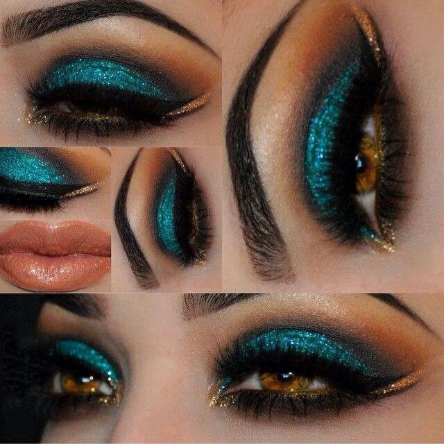 Teal/gold/black Maquillage Harry Potter, Peacock Eye Makeup, Makeup 2024, Club Makeup, Maquillage Yeux Cut Crease, Sugarpill Cosmetics, Dramatic Eye Makeup, Smink Inspiration, Eye Spy