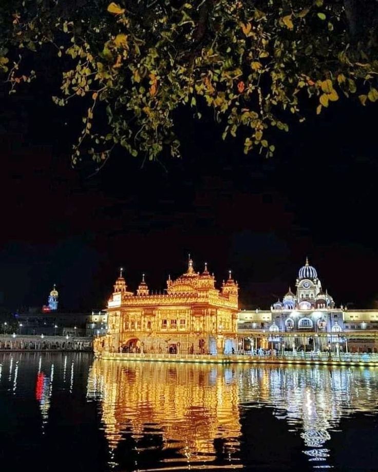 the illuminated golden building is reflected in the water at night with its reflection on the surface