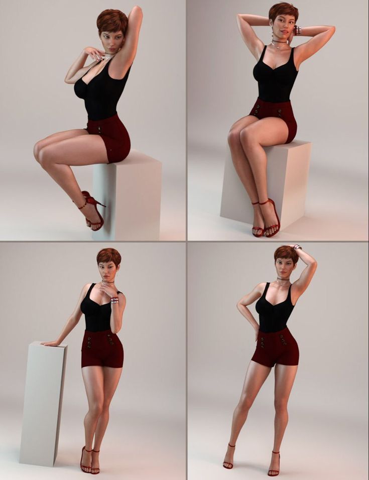 four different poses of a woman in black top and red skirt with high heeled shoes