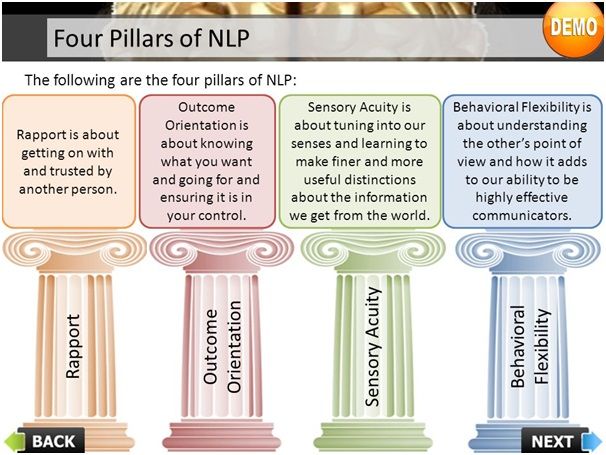 the four pillars of nlp are labeled in three different colors and font options for each column