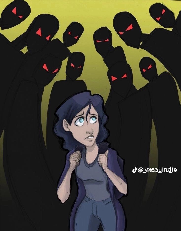 a woman with blue eyes standing in front of some black monsters