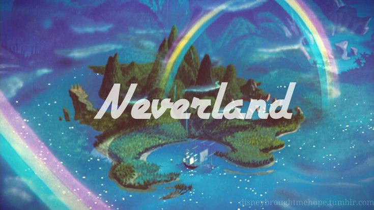 the title for neverland with an island and rainbow in the background