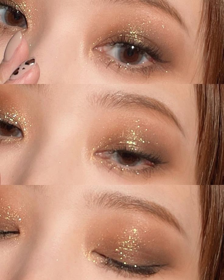 Gold Eye Makeup Asian Eyes, Make Up Looks Gold, Brown Gold Makeup Natural, Gold Party Makeup Looks, Bridal Gold Makeup, Gold Inspired Makeup Looks, Gold Shimmery Eye Makeup, Gold Asian Makeup, Gold Makeup Inspiration