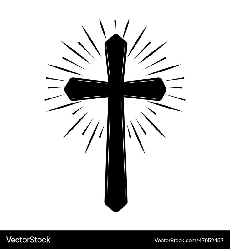 a black and white cross with rays coming from it