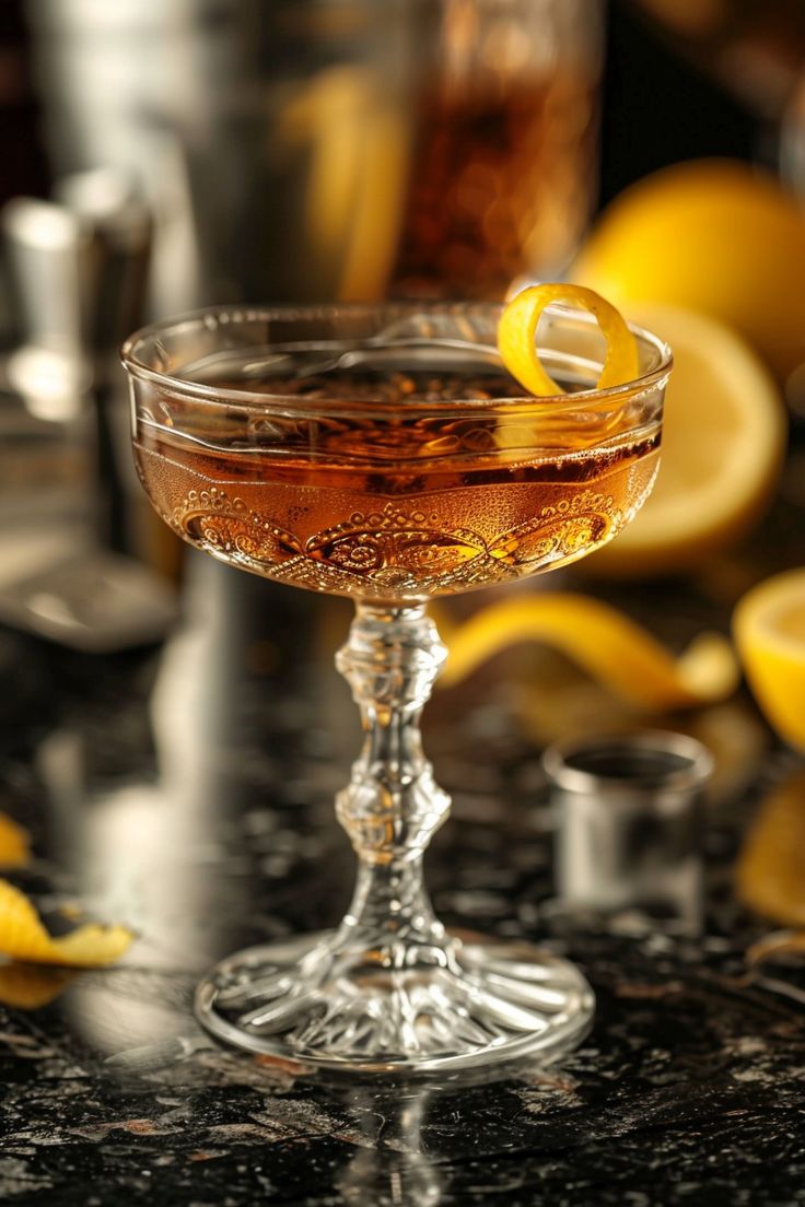 a close up of a drink in a glass on a table with lemons around it