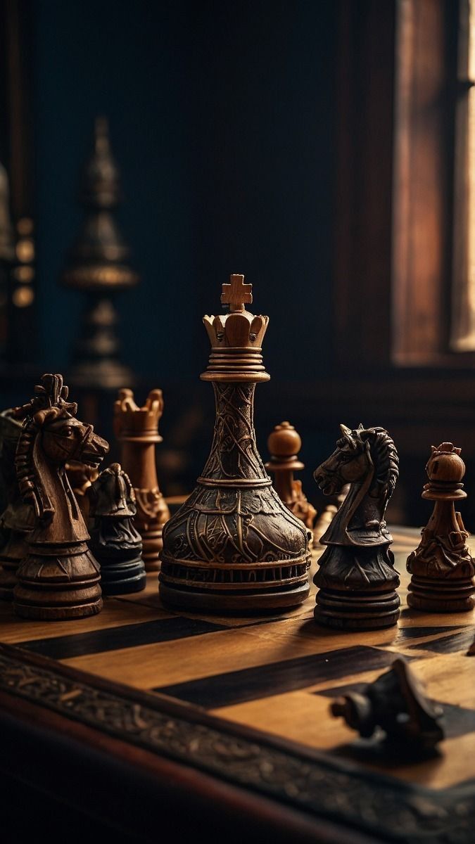 a chess board with several pieces on it and a window in the backround