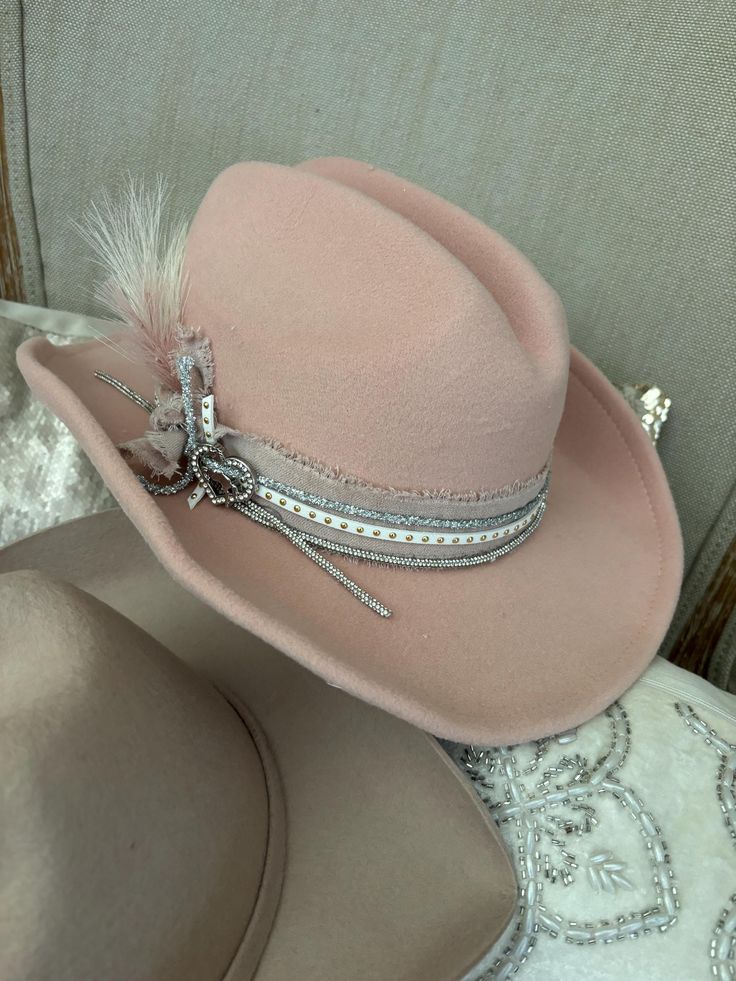 blush color so pretty  3-7 year old or 8-12 year old choose at checkout  Suede cowgirl hat  Georgeous decorative concert hat  One of a kind  White, pinks golds and silvers  Free shipping listing is for one hat Pink Western Felt Hat With Curved Brim, Pink Western Style Felt Hat With Curved Brim, Pink Western Felt Hat For Rodeo, Pink Brimmed Felt Hat For Country Events, Western Style Felt Hat For Spring, Pink Curved Brim Hat For Ranch, Pink Western Felt Hat For Country Events, Pink Western Fedora Felt Hat, Fitted Pink Hat For Rodeo