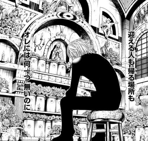 a black and white drawing of a person sitting on a stool in front of a building