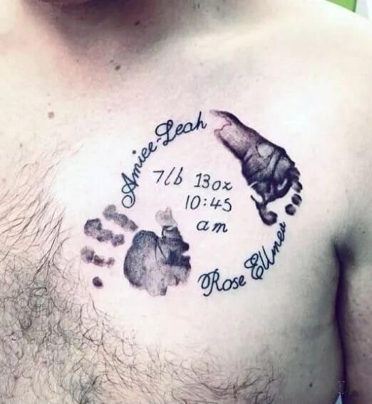 a man with a tattoo on his chest that says never back and an animal paw print