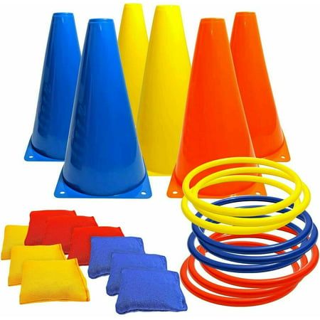 an assortment of colorful plastic cones and hoses