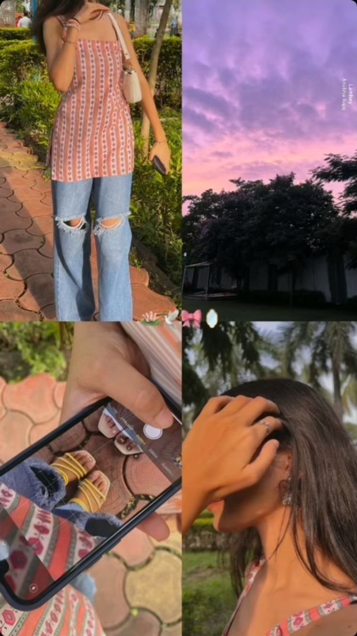 a collage of photos showing the back of a woman's shirt and jeans