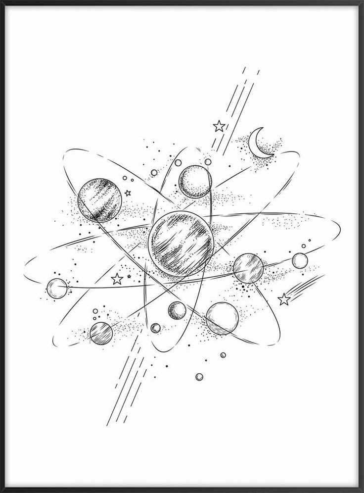 an ink drawing of the solar system with planets and stars around it in black and white