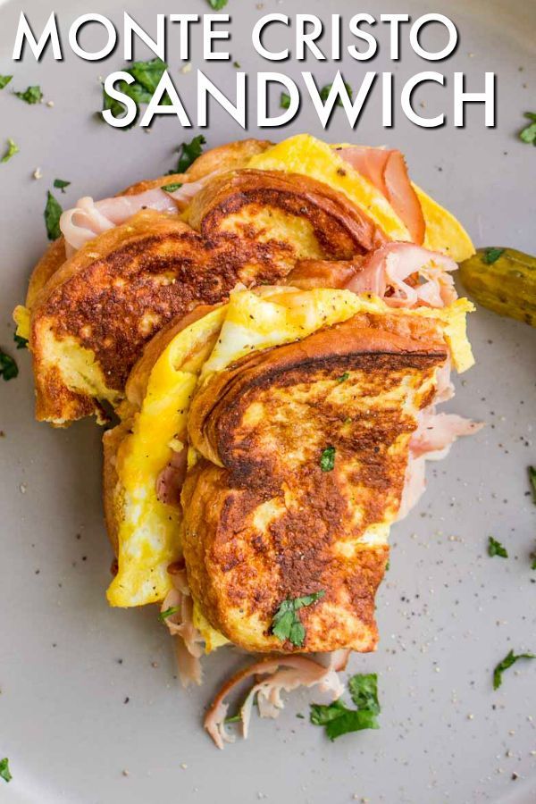 a plate with some food on it and the words monte cristoo sandwich above it