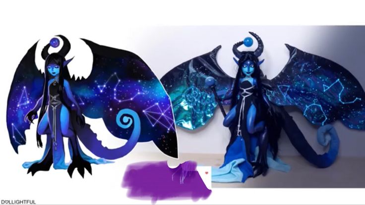 two paper dolls with wings and stars in the night sky, one is blue and the other is black