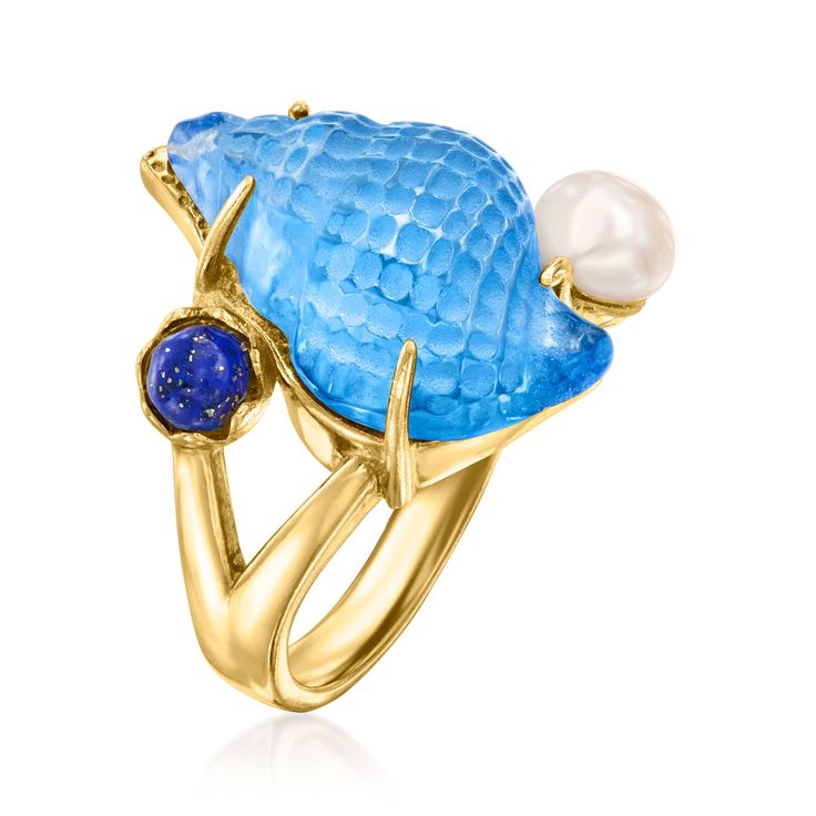 Italian Tagliamonte Blue Venetian Glass Seashell Ring, Lapis, 5.5-6mm Cultured Pearl Over Sterling. Size 9. From Italian designer Tagliamonte, this fantastic blue Venetian glass seashell ring boasts masterful craftsmanship and an incredibly unique design. Features a 5.5-6mm cultured freshwater button pearl and a 4mm round lapis cabochon set in 18kt yellow gold over sterling silver. Made in Italy. 3/4" wide. Tagliamonte lapis, white pearl and blue Venetian glass seashell ring. Pearl birthstones a Blue Jewlery, Seashell Ring, Blue Seashell, Pearl Birthstone, Lapis Jewelry, Ring Pearl, Italian Jewelry, Blue Fits, Venetian Glass