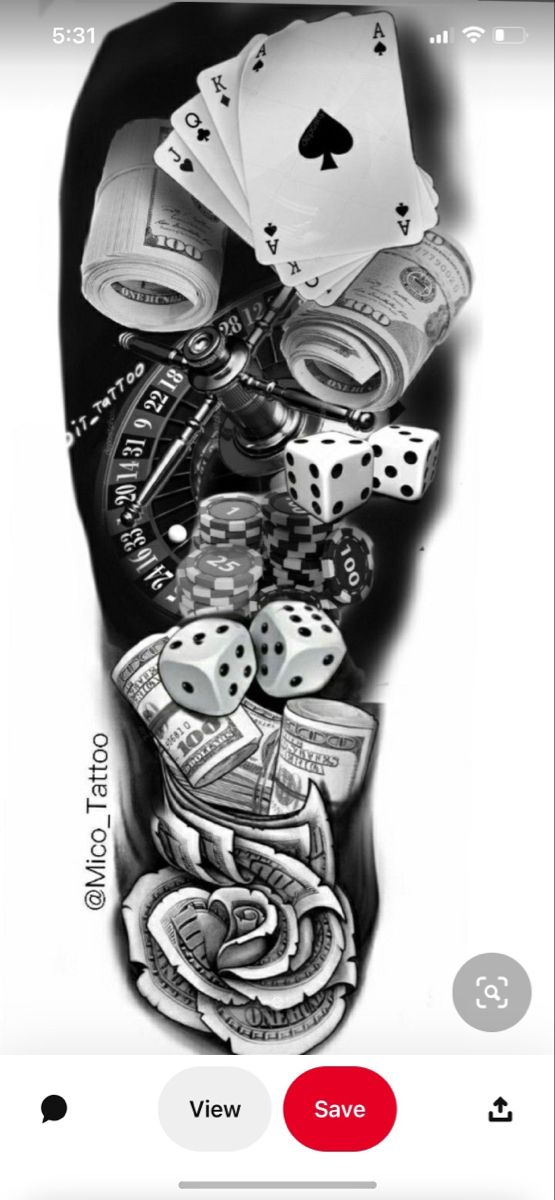 a black and white drawing of a man's face with playing cards, dice and money