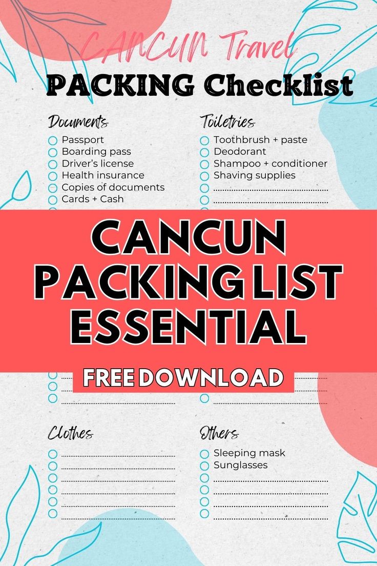 the cancun packing list is shown in red and blue, with text overlaying