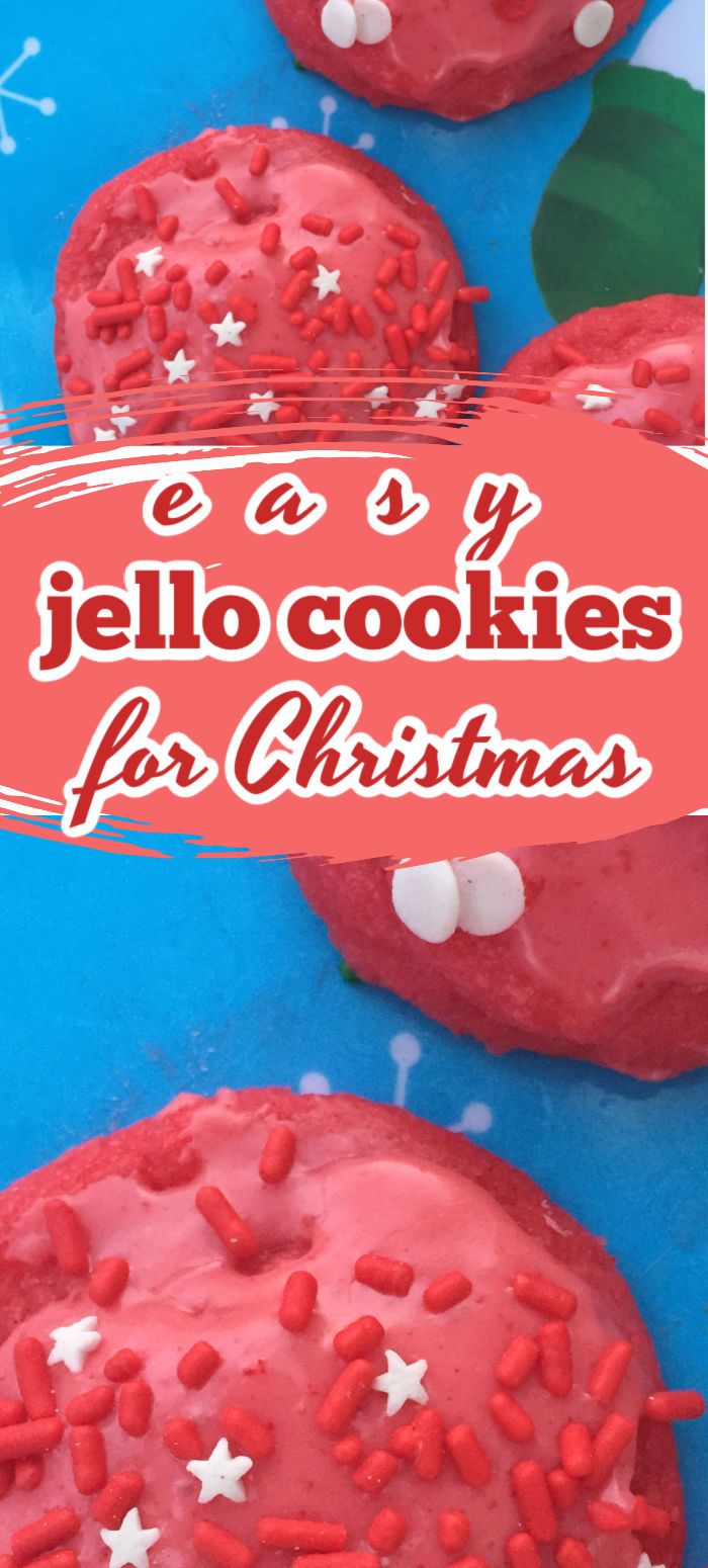 some red cookies with white stars on them and the words easy jelly cookies for christmas