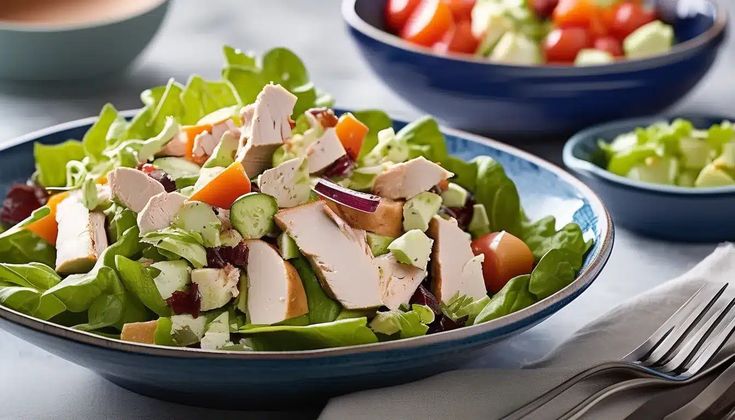 a salad with chicken, lettuce and cherry tomatoes in a blue bowl on a table