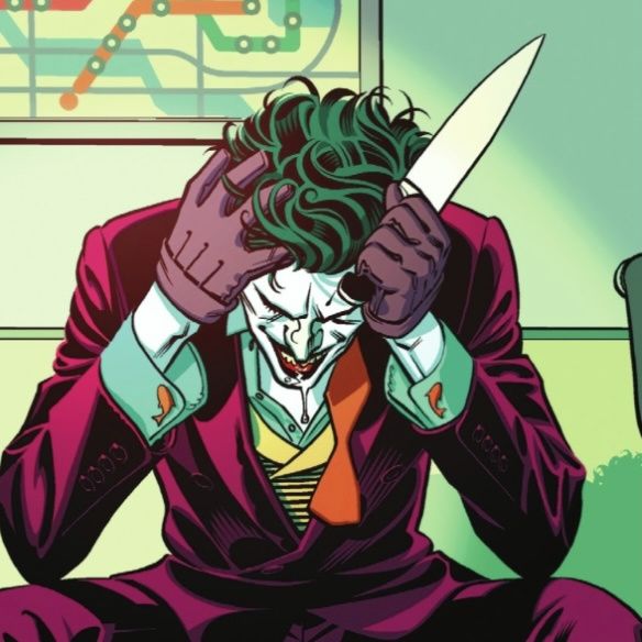 the joker is sitting down with his hands on his head and holding a knife in one hand