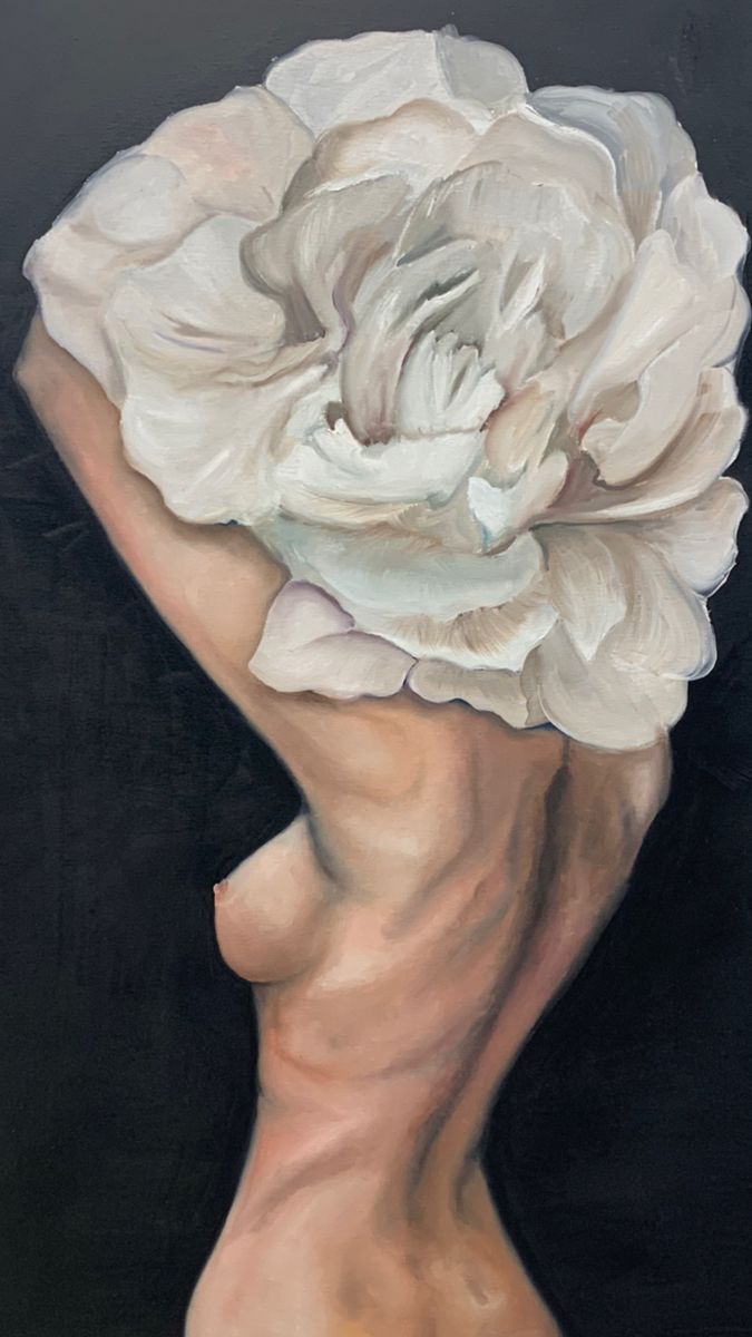 a painting of a woman's back with a large white flower on her head