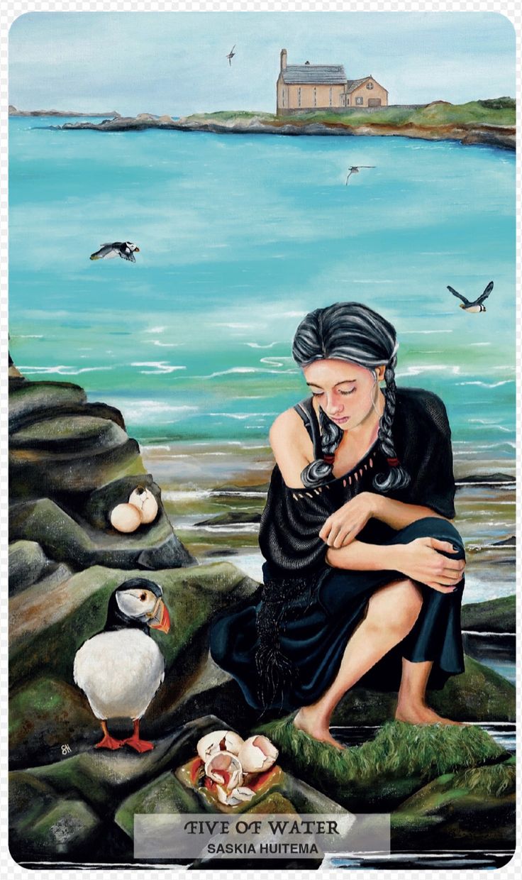 a painting of a woman sitting on rocks next to the ocean with seagulls