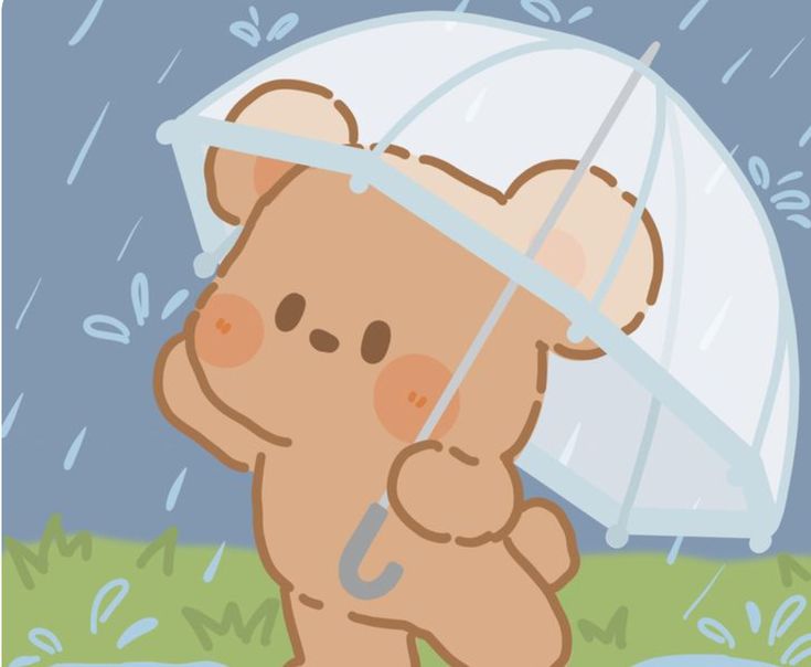 a cartoon bear holding an umbrella in the rain with it's paws on its head